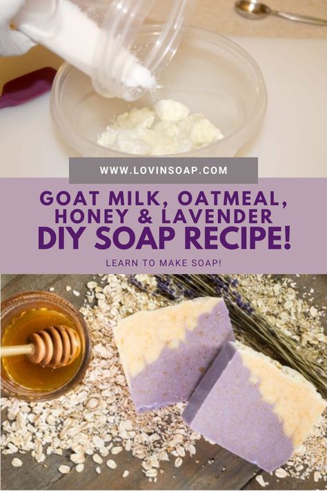 Here’s a nice, classic, DIY cold process soap recipe and step-by-step design tutorial for goat milk soap with oatmeal, honey and lavender! I’ll teach you how to make the diagonal layers with a hanger swirl. For the ingredients and directions, click the link to the blog and check us out! This is one of the best-loved recipes at Lovin’ Soap Studio! Moisturizing Goat Milk Soap Recipe, Oatmeal Honey Goat Milk Soap Recipe, Goat Milk Shampoo Recipe, Making Goat Milk Soap, Diy Goat Milk Soap, Cp Soap Recipes, Honey And Lavender, Goat Milk Soap Recipe, Recipe With Honey