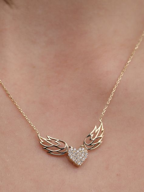 14K Rose Gold Angel Wings Necklace/ 14K Gold Cz Pave Angel - Etsy Australia Angel Wings Necklace, Diamond Angel, Heart Wings, Wings Necklace, Angel Wings Heart, Gold Angel Wings, Angel Wing Necklace, Gold Angel, Pendant Heart