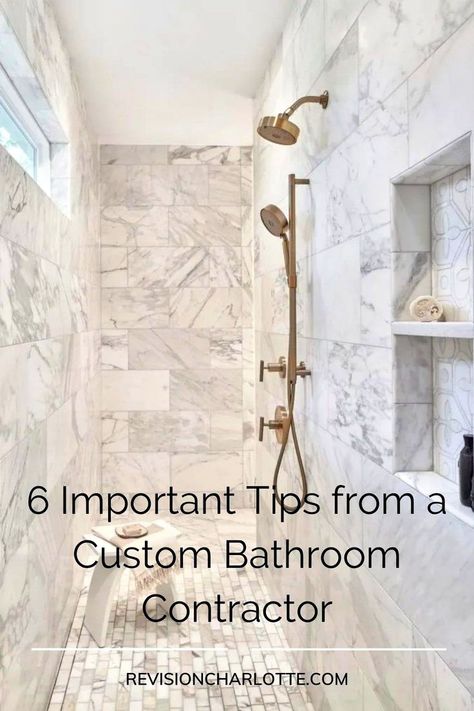 6 important tips for your bathroom makeover from a custom bathroom contract. If you're considering a bathroom remodel, these are essential to include! We offer bathroom remodels and design in the Greater Charlotte, North Carolina area. Glam Bathrooms, Heated Tile Floor, Greek Revival Home, Bathroom Makeovers, Marble Showers, Double Shower, Bathroom Remodels, Picture Frame Molding, Water Closet