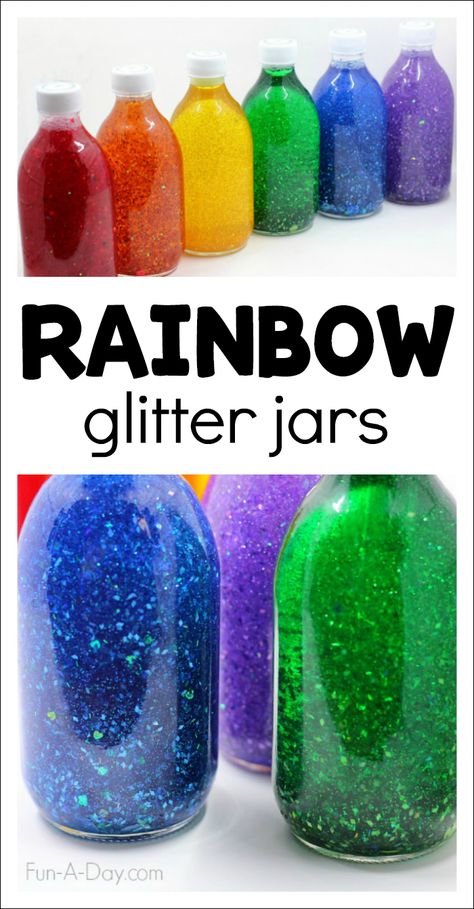 Color Sensory Bottles, Spring Sensory Bottles, Sensory Preschool, Rainbow Sensory Bottles, Science Center Preschool, Calming Jar, Rainbow Sensory, Calm Down Jar, Discovery Bottles