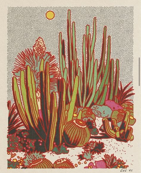 Southwest Aesthetic, Cactus Scene, Cactus Landscape, Western Americana, Desert Cactus, Paper Color, Linocut Prints, Color And Texture, Wild West