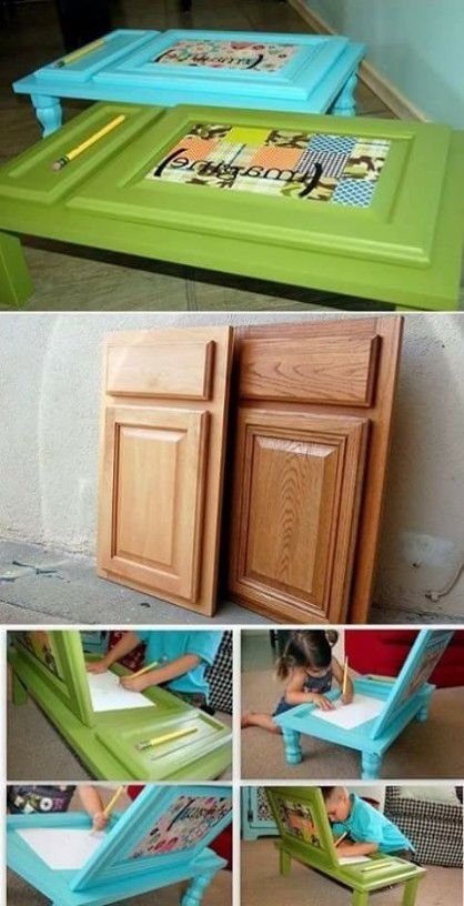 DIY children desk made from cupboard door. Diy Cupboard Doors, Diy Cupboard, Door Repurposed, Children Desk, Diy Cupboards, Children's Furniture, Diy Upcycling, Diy Holz, Repurposed Items