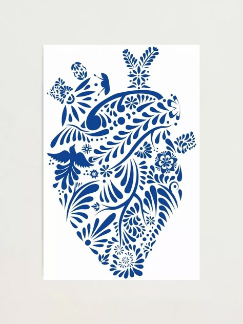 "Heart of Talavera" Photographic Print by MauSB | Redbubble Talavera Tattoo Design, Talavera Tattoo, Talavera Wallpaper, Mexican Hacienda Decor, Pinapple Tattoos, Talavera Art, Talavera Pattern, Hacienda Decor, Mexican Print