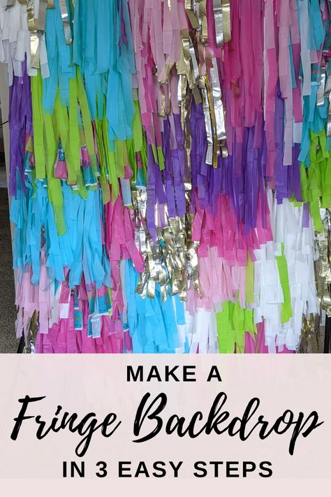 Plastic Backdrop Tablecloths, Diy Photo Backdrop Tablecloth, Fringed Backdrop Diy, Fringe Tablecloth Backdrop Diy, Photo Backdrop With Tablecloths, How To Make Plastic Tablecloth Garland, Photo Backdrop With Balloon Garland, How To Make A Fringe Backdrop Diy, How To Do A Fringe Backdrop