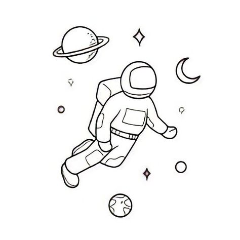 Drawing Ideas Astronaut, Astronaut Outline Drawing, Minimal Astronaut Tattoo, Astronaut Fine Line Tattoo, Astronaut Line Tattoo, Line Art Astronaut, Floating Astronaut Drawing, Astronaut Doodle Simple, Astronomy Drawing Ideas