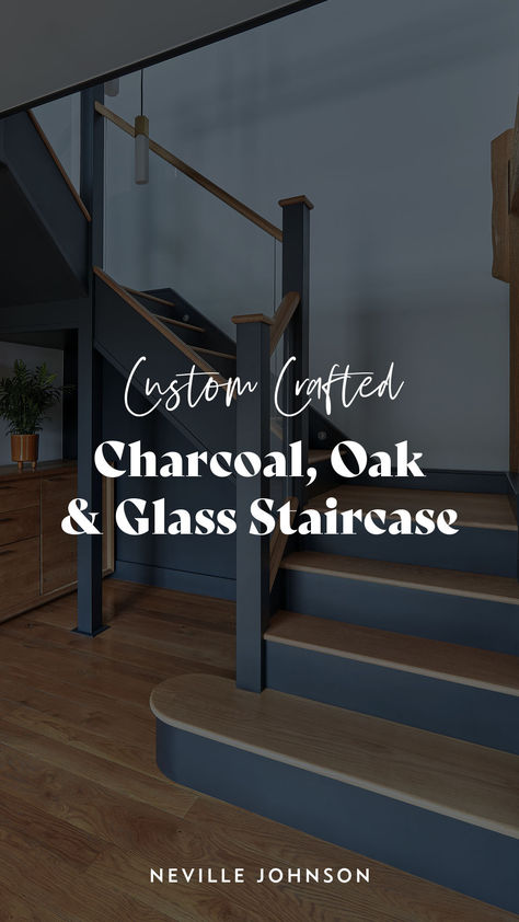 For this stunning bespoke staircase design, our expert designer has created impactful contrast for a cool, contemporary take on a classic look. We're big fans of this pairing of dark grey, natural oak and glass - and particularly love the thoughtful touches - like oak newel caps, inline glass for a seamless look and integrated lighting to the side panels. Dive deeper into this look at the link, then discover what we could create for your home with a free design visit. Contemporary Staircase Design, Oak Newel Post, Painted Staircase, Staircase Glass, Bespoke Staircases, Painted Staircases, Integrated Lighting, Timber Staircase, Contemporary Staircase