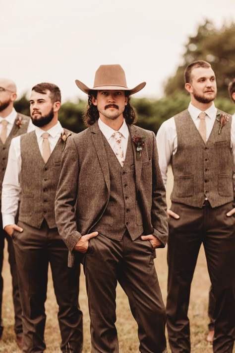 Fall Country Wedding Groom Attire, Men’s Suit Colors Wedding, Earth Tones Groomsmen Attire, Groom Vest And Tie Boho, Non Tux Groom Attire, Western Wedding Groom Suit, Bohemian Groom Suit, Western Boho Groom, Western Wedding Vest