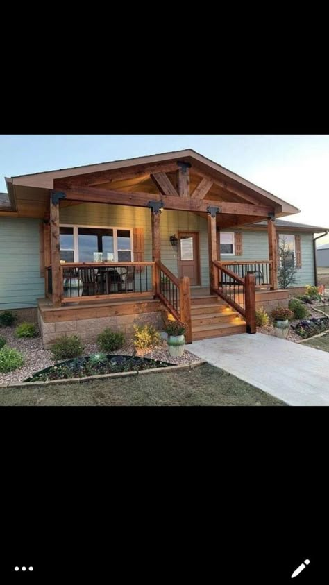 Back Decks For Mobile Homes, Manufactured Home With Porch, Black Double Wide Mobile Home Exterior, Trailer Addition Ideas, Mobile Home Addition Ideas Double Wide, Black Mobile Home Exterior, Mobile Home Landscaping, Mobile Home Deck, Porch Deck Ideas