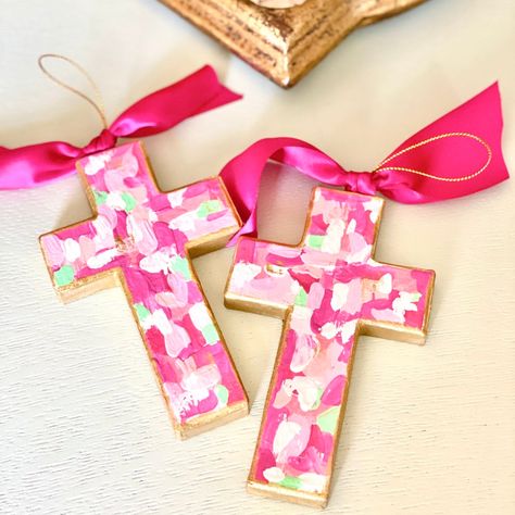 These beautiful custom designed hand painted abstract cross ornaments are sure to be a stunner on the tree! They are hand painted on paper mache in all the colors of the sea. They make a fabulous hostess and Christmas gift or a special gift for a new baby. Choose turquoise or pink. Personalize with a family name or year on the back for that extra special touch Purchase contains one hand painted ornament: Measures 5"x3" Please Note: Colors will vary slightly from picture as each one is painted in Painted Canvas Ornaments, Christmas Hand Ornaments, Hand Painted Nativity, Christian Diy Christmas Ornaments, Kid Craft Gifts, Easter Items To Make And Sell, Hand Print Ornament Baby, Prek Class Projects For Auction, Christmas Art Christian