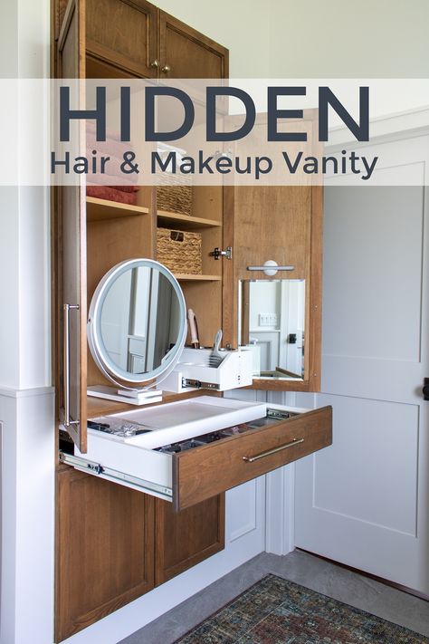 Walk In Closet Makeup Room, Makeup Nook Bathroom, Bathroom Makeup Cabinet, Hidden Vanity In Closet, Hidden Vanity Ideas, Small Walk In Closet With Makeup Vanity, Vanity Inside Closet Small Spaces, Hidden Makeup Vanity, Hidden Makeup Storage