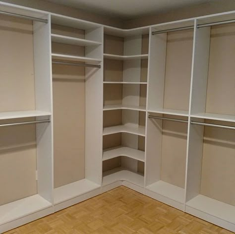 Today's small install. Basic design with radius corner shelves for a seamless look. #followthecrownnj Corner Shelves Wardrobe, Small Closet Corner Shelves, Corner Shelves For Closet, Corner In Walk In Closet, Closet In Corner Of Room, Closet With Corner Shelves, Closet Bench Ideas, Corners In Closets, Dressing Room Shelves