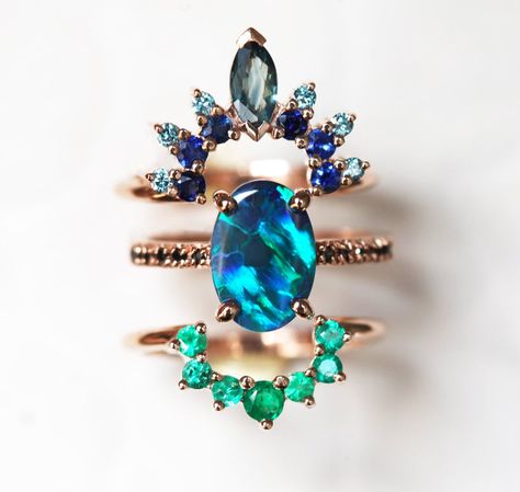 Emmeline Black Opal Wedding Ring Set, Opal Engagement Ring Set