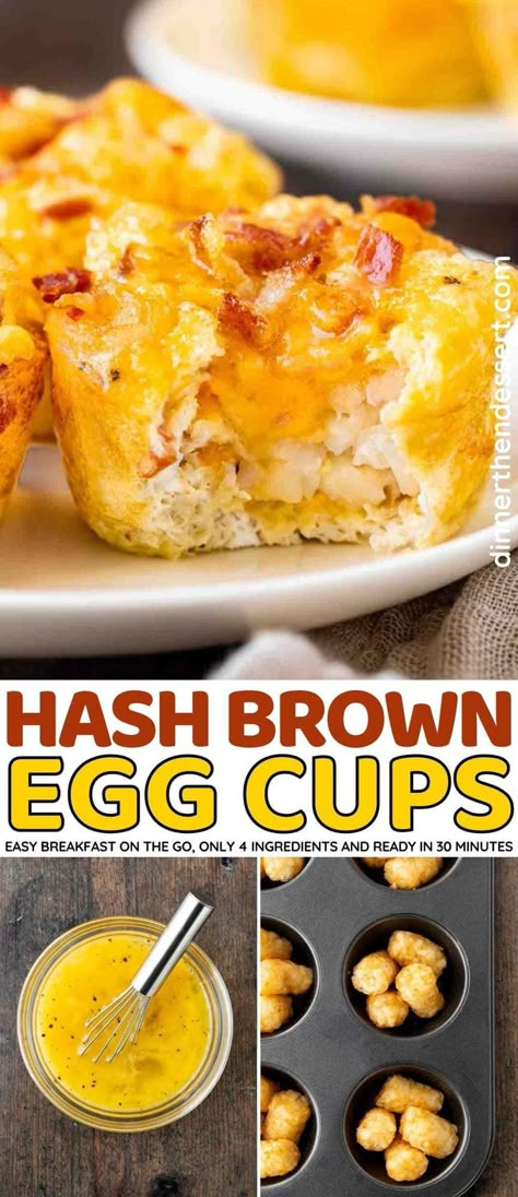 Hash Brown Egg Cups are a quick breakfast with scrambled eggs, shredded cheese, and bacon in a crispy tater tot crust baked in a muffin tin. Breakfast Cups With Hashbrowns, Tator Tot Egg Muffin Cups, Hashbrown Egg Cups Muffin Tins, Muffin Pan Egg Cups, Eggs And Tater Tots, Tater Tot Egg Muffins, Scrambled Eggs In Muffin Tin, Eggs And Hashbrowns In Muffin Tin, Tatertot Egg Muffins