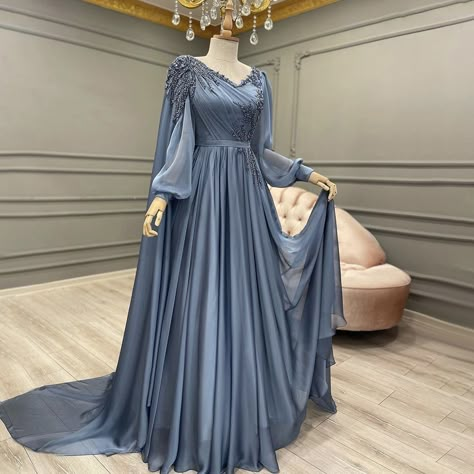 Lorya Love Evening Dresses Blue Elegant Women Long Sleeves Chiffon Party Formal Gowns Beading Robe 2022 Modest Prom Dresses Muslim, Arabic Evening Dress, 90s Prom Dresses, Modest Evening Gowns, Baju Kahwin, 90s Prom, Hijab Dress Party, Dresses Quince, Muslim Evening Dresses