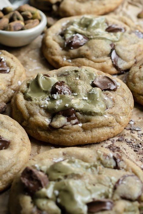 Pistachio Cream Chocolate Chip Cookies - Fresh Bean Bakery Pistachio Cream Chocolate Chip Cookies, Pistachio Baking Recipes, Desserts With Pistachio Cream, Pistachio Cream Uses, Brown Butter Pistachio Cookies, Recipes Using Pistachio Butter, Pistachio Paste Cookies, Pistachio Cream Bars, Pistachio Chocolate Cookies