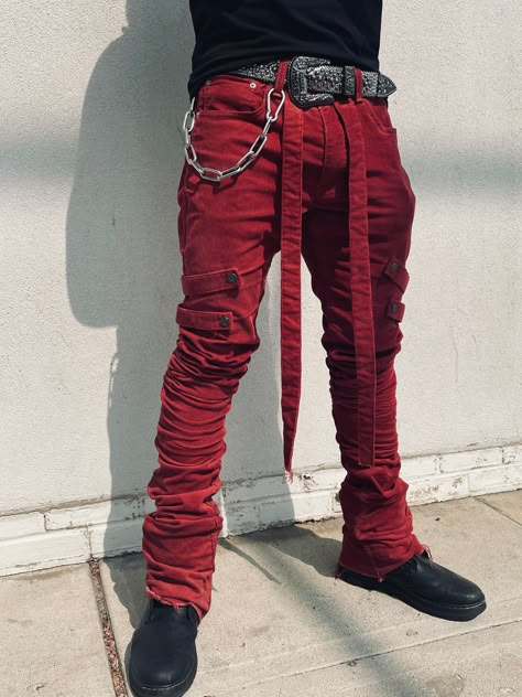 Custom 1 of 1 Mens Stacked jeans Made from Levis 512 Red Corduroy Mens Black And Red Outfit, Red Clothing Men, Red Corduroy Jeans For Fall, Fall Red Corduroy Jeans, Red Corduroy Pants For Winter, Red Cotton Jeans For Streetwear, Custom Stacked Jeans, Gay Guy Outfits, Rockstar Style Men