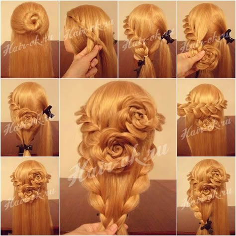 Romantic Lace Braid Rose Hairstyle  #diy #hairstyle Braided Rose Hairstyle, Rose Braid, Diy Updo, Flower Braids, Lace Braid, Pretty Rose, Hair Guide, Rose Hair, Braid Hairstyles