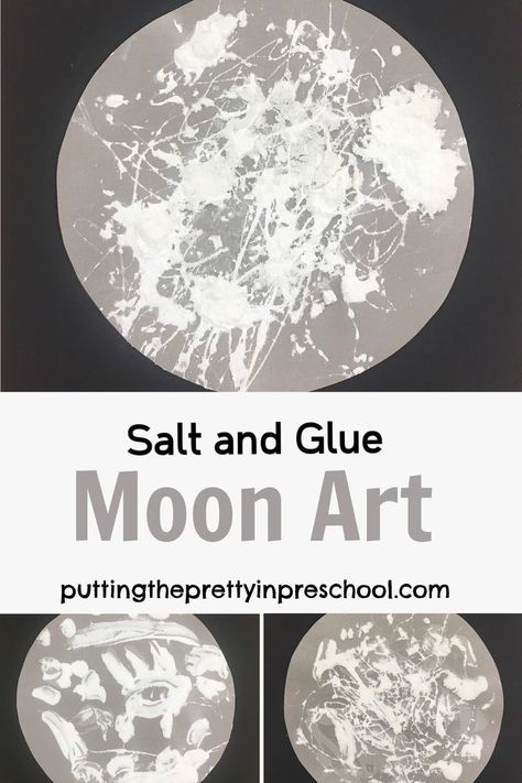 Try this stunning salt and glue moon art activity. It's a process art project that displays well. Ten moon facts are included in the post. Toddler Art January, Nighttime Preschool Crafts, Art Activities Infants, Moon Sensory Play, Sun And Moon Lessons For First Grade, Mountain Art Preschool, The Sky And Weather Activities, Space Craft For Toddler, Planet Fine Motor Activities