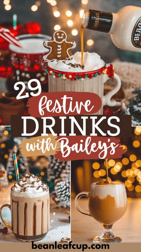 Struggling to find the perfect Christmas drinks this year? This list of 29 festive drinks made with Baileys includes easy homemade Baileys recipes, cozy cocktails, and creative Irish Cream drinks. Save this pin to make your holidays extra special! Coctails Recipes Baileys, Baileys Irish Cream Gift Basket Ideas, Christmas Drinks With Kahlua, Christmas Alcoholic Coffee Drinks, Baileys Recipes Drinks Hot Chocolate, Bailey Drinks Cocktails, Cocktails With Half And Half, Baileys Cocktails Christmas, Kahlua Christmas Drinks