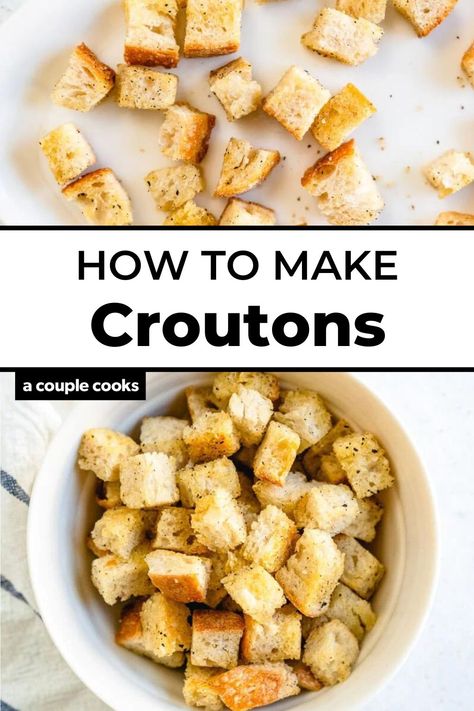 It's easy to make homemade croutons! This croutons recipe makes crunchy, well-seasoned bites that are tastier than store-bought. #croutons #homemadecroutons #howtomakecroutons #croutonsrecipe Make Croutons From Bread, Croutons From Bread, Vegan Croutons, Side Dishes Vegetarian, How To Make Croutons, Croutons Recipe, Crouton Recipes, A Couple Cooks, Watercress Salad