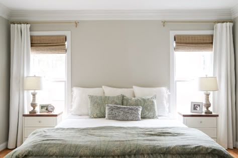 Bed Flanked By Windows, Bed Between Windows, Window Behind Bed, Ivory Curtains, Bedroom Sitting Room, Window Treatments Bedroom, Bamboo Shades, Bedroom Window, Bedroom Windows