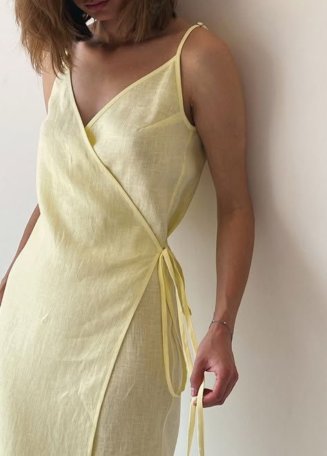 Chilling Outfits, Yellow Linen Dress, Summer Wrap Dress, Linen Style Fashion, Linen Slip Dress, Linen Wrap Dress, Linen Sundress, Island Outfit, Summer Wraps