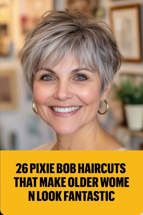 Older woman with a messy pixie bob haircut looking stylish and youthful Short Hair That Covers The Ears, Short Hairstyles For Flat Hair, Short Gray Hairstyle Women, Short Bobs For Older Women, Short Feathered Bob Hairstyles, Short Pixie Haircuts For Women Over 50, A Line Pixie Haircut, Pixie Bobs For Fine Hair, Pixie Over 60 Older Women