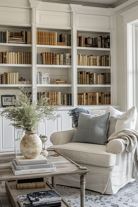 White Built Ins Decor, Home Library Decor Bookshelf Styling, French Country Bookshelf Decor, Lommarp Bookcase Ideas, Library Home Design, French Provincial Bookshelf, Built In Bookshelves White, Light Academia Home Library, Decor On Top Of Bookcase