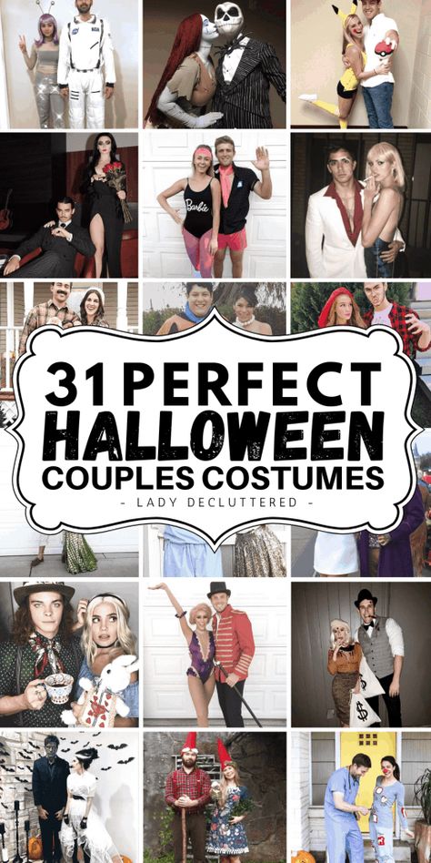 31 Perfect Halloween Costumes for Couples » Lady Decluttered Halloween Costumes Simple, Quick Halloween Costumes Last Minute, Movie Couples Costumes, Halloween Costume Aesthetic, Scary Couples Costumes, Last Minute Couples Costumes, Scary Halloween Costume Ideas, Funny Halloween Costume Ideas, Easy Halloween Ideas