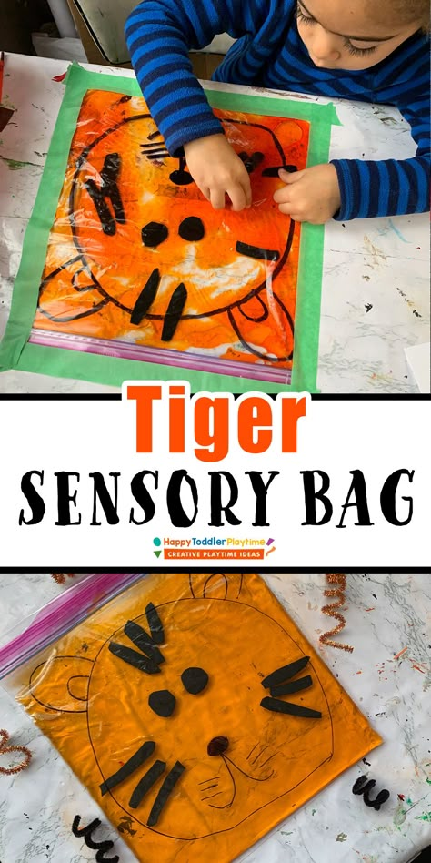 Tiger Sensory Bag for Preschoolers - HAPPY TODDLER PLAYTIME Africa Sensory Activities, Wild Animals Preschool Activities Safari Theme, Zoo Sensory Activities Preschool, Zoo Animals Sensory Bin, Zoo Activities For Babies, Sensory Centers For Preschool, Toddler Zoo Animal Crafts, Safari Animal Activities Preschool, Infant Zoo Crafts