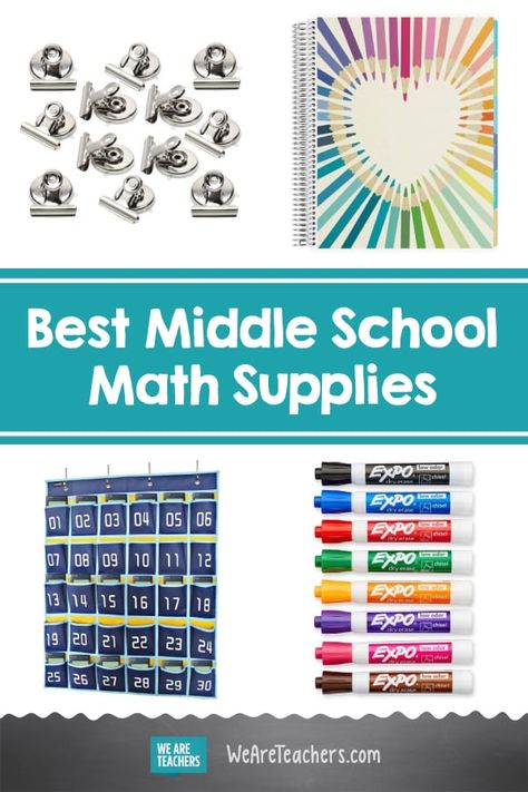 15 Items All Middle School Math Classrooms Need. Middle school math. It's a hard subject to learn, and might be even harder to teach! Make sure you're prepared with all the resources you'll need this year. #middleschool #classroom #classroomsetup #classroomsupplies #math #teachingmath 7th Grade Math Classroom Setup, Middle School Decorations Classroom, Junior High Math Classroom Ideas, Middle School Classroom Decorating Ideas Math, Middle School Math Intervention Classroom, Classroom Organization Middle School Math, Middle School Math Classroom Setup, Middle School Teacher Organization, Middle School Classroom Setup