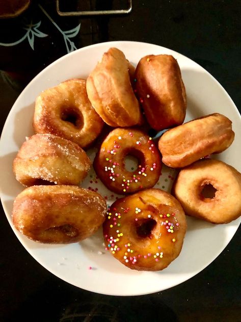 Doughnut Homemade Doughnuts, Doughnut Holes, Fried Dough, Egg Whisk, Evaporated Milk, Large Bowl, Melted Butter, Simple Ingredient, Yeast