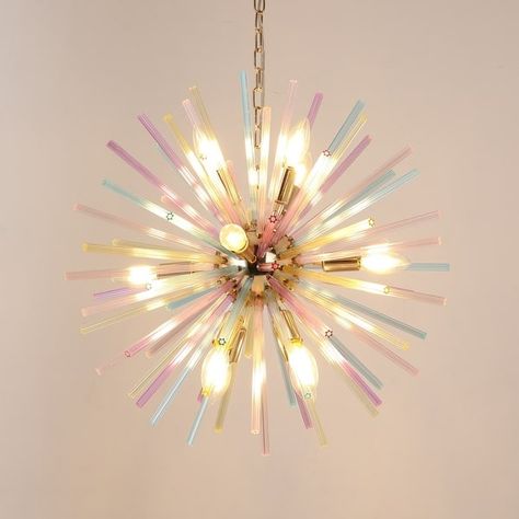 12-Light Modern Glam Linear Sputnik Chandelier for Dining Room Starburst Firework Island Pendant Light - 22 in. W x 22 in. H - On Sale - Bed Bath & Beyond - 40040151 Colorful Hanging Lights, Playroom Chandelier, Iridescent Room Decor, Colorful Light Fixtures, Bedroom Lamps Ceiling Hanging, Hall Ceiling Lights, Pastel Chandelier, Bedroom Chandelier Ideas, Whimsical Chandelier