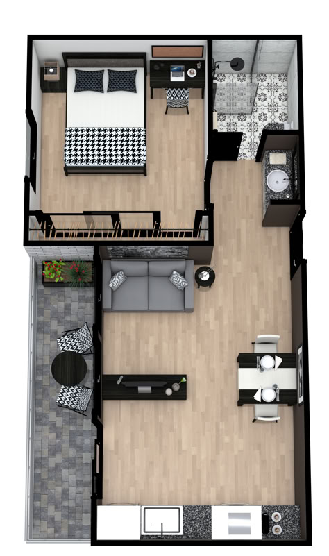 A black and white 3D floor plan with one bedroom, one bathroom, a single-wall kitchen, and a narrow balcony. Sims Small Apartment Layout, Apartment Site Plan Architecture, Best House Layout, Small Room Plan, Small Places Ideas Tiny Apartments, Loft Plans Layout, Loft House Design Floor Plans, One Bedroom Apartment Ideas Floor Plans, Small Garage Apartment