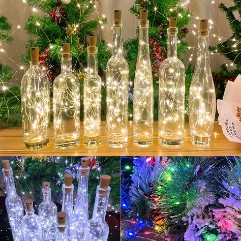 Painting Bottles, Copper Wire Fairy Lights, Wine Bottle Lights, Liquor Bottle Crafts, Battery Operated String Lights, Mini String Lights, Christmas Fairy Lights, Wine Bottle Corks, Battery String Lights