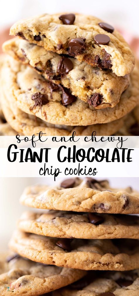 These Giant Chocolate Chip Cookies are soft and chewy in the centers with slightly crisp edges. This is such an easy chocolate chip cookie recipe, and it makes 12 giant cookies! Soft And Chewy Chocolate Chip Cookies Recipe, Large Chocolate Chip Cookies, Extra Large Cookies, Large Chocolate Chip Cookie Recipe, Jumbo Chocolate Chip Cookies, Big Fat Chewy Chocolate Chip Cookies, Chocolate Chip Cookies Big, Extra Large Chocolate Chip Cookies, Huge Cookies