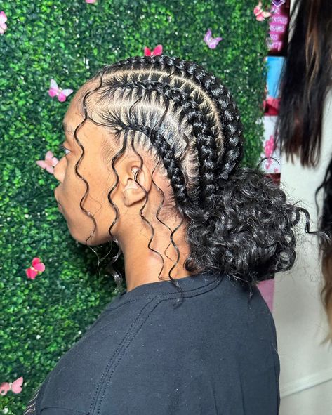 Braided Back With Curly Hair, Cornrow Buns With Curls, Cornrow Braids Into 2 Buns, Add On Hairstyles, Braids With Two Buns In The Back, Feed In Braids Hairstyles With Curls, Feed In Braids Bun To The Back, Stitch Braids Buns, Feed In Buns With Curls