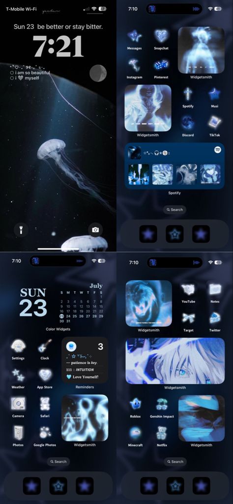 light dark blue white and black y2k stars cybercore homescreen home screen lockscreen ios 16 aesthetic aura vibe anime Dark Blue Theme Phone, Cybercore Iphone Layout, Dark Blue Ios 16 Homescreen, Black And Blue Phone Theme, Dark Blue Phone Layout, Dark Blue Homescreen Layout, Cybercore Phone Theme, Dark Blue Iphone Layout, Iphone Home Screen Layout Blue