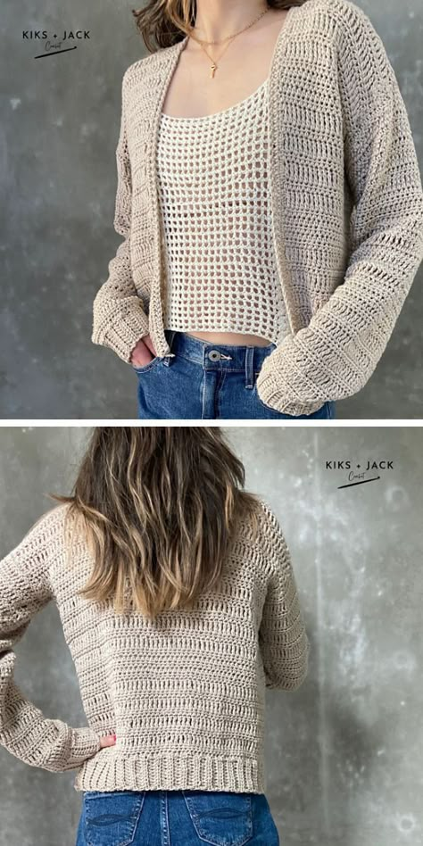 A woman wearing a cropped cardigan and jeans. Crochet Cardigan Free Pattern, Easy Free Crochet Patterns, Cardigan Free Pattern, Cardigan Pattern Free, Crochet Cardigan Free, Sweater Pattern Free, Crochet Cardigan Pattern Free, Gilet Crochet, Crochet Sweater Pattern