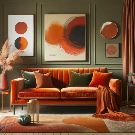 olive green and burnt orange living room Burnt Orange Rooms, Burnt Orange Living Room, Green And Burnt Orange, Orange Living Room, Green Walls Living Room, Soft Autumn Color Palette, Orange Couch, Autumn Color Palette, Olive Green Walls