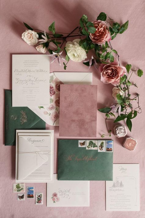 Velvet pink and green wedding invitation by Coqui Paperie Photo by The Paper Elephant Fall Wedding Pink And Green, Evergreen And Blush Wedding, Eucalyptus Green And Pink Wedding, Dusty Rose Green Wedding, Green And Pink Wedding Table Decor, Mauve And Green Wedding Theme, Dusty Pink And Green Wedding Theme, Sage And Pink Wedding Invitations, Pink And Sage Green Wedding Theme