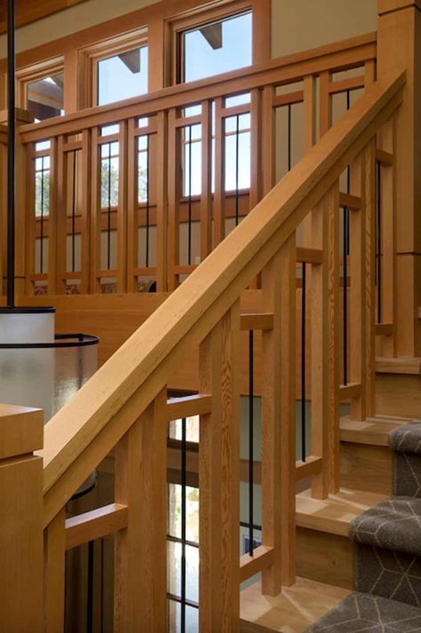 Wooden Stairs Railing Design, Craftsman Handrail, Staircase Design Wooden, Wooden Railings For Stairs, Exterior Door Modern, Wood Handrails For Stairs, Modern Front Door Design, Stairway Railing Ideas, Craftsman Stairs