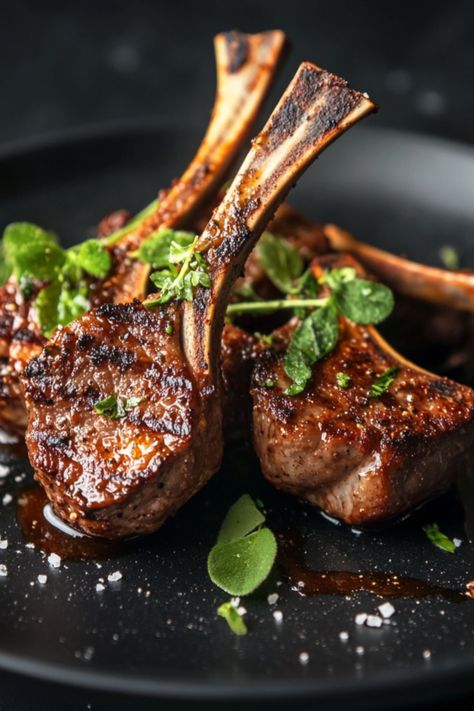 Beautiful photgraph of lamb lollipops on a black plate with a black background Lamb Rub Dry, Rack Of Lamb With Mint Sauce, French Rack Of Lamb Recipes Oven, Lamb Chop Aesthetic, Christmas Dinner Lamb, Frenched Rack Of Lamb Recipes, Rack Of Lamb Sauce, Oven Roasted Lamb Chops, Frenched Lamb Rack Recipes