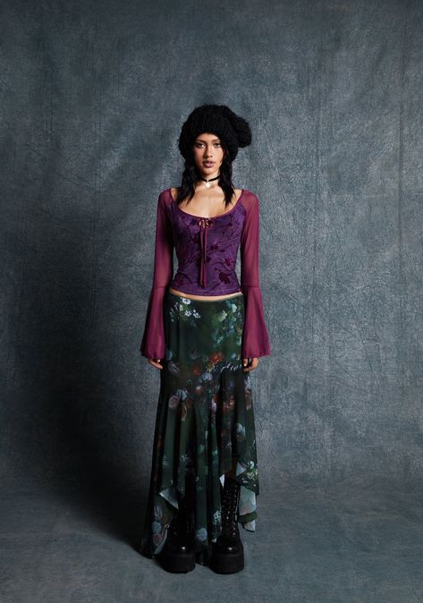 Cast a spell this fall season with this top that has a flocked floral burnout design, sheer mesh long flared sleeves, a scoop neckline with front tie closures,and a cropped fit. Long Sleeve Fits Aesthetic, Jewel Toned Outfits Summer, Vampy Fall Outfits, Sheer Tie Front Top Outfit, Purple And Green Fashion, Cute Top Designs, Celestial Witch Outfit, Emo Girlfriends, Button Down Upcycle