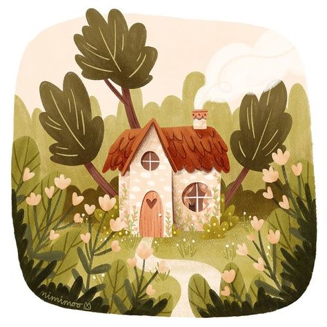 Cozy Home Illustration, Cottage Illustration, Cosy Cottage, House Cottage, Cottage In The Woods, House Illustration, Cottage Core Aesthetic, Cute House, House Drawing