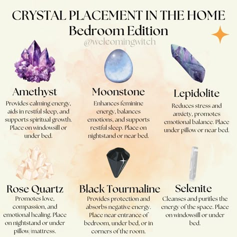 Crystal Placement in the home: Bedroom edition . . . . . . . . . #wiccansofinstagram #witchlife #witchesofinstagram #witch #witchcraft #wicca #wiccan #pagan #spiritual #spiritualawakening #Spirituality #witchessociety #witchytips #magic #babywitch #beginnerwitch #witchy #witchesoftiktok #witchtok #crystals #crystalplacement #crystalmagic Crystals And Witchcraft, Crystals In Room, Witches Crystals, Home Witchcraft, Crystals In The Bedroom, Crystals For The Bedroom, Crystal Witchcraft, Witch Crystals, Crystal Placement In Home