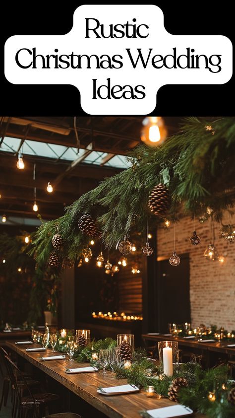 Rustic Christmas wedding decor with natural elements like pine cones, greenery, and candlelit tables. Boho Winter Wedding Table Decor, Pine Branch Wedding Decor, Wedding Decor Winter Theme, Fir Wedding Decorations, December Wedding Not Christmas, Christmas Rustic Wedding Ideas, Winter Rustic Wedding Decor, Cowboy Winter Wedding, Yule Themed Wedding