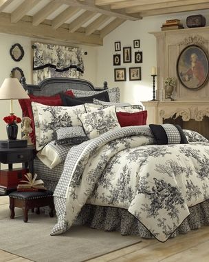 French Bedroom Design, Country Comforter, Black Comforter Sets, Toile Bedding, French Country Bedding, Black Toile, Black Comforter, Black Duvet, Country Bedding