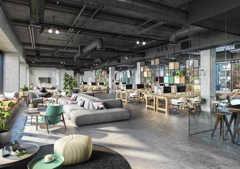 Startup Office Design, Industrial Office Space, Open Concept Office, Open Office Design, Coworking Space Design, Startup Office, Warehouse Office, Industrial Office Design, Open Space Office