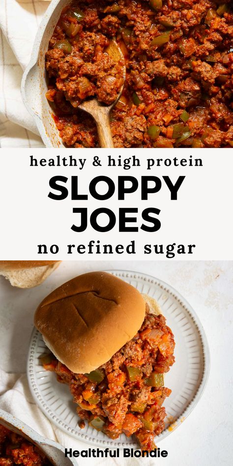 This secretly healthy sloppy joes recipe uses lean ground beef, lots of veggies, and no added refined sugar. It's packed with protein, super saucy and filling, and ready in under 30 minutes — a great option for a quick weeknight dinner or meal prep! Kid, picky eaters, and families love these homemade sloppy joes! Healthy Lean Meat Dinner Recipes, Sloppy Joe Recipe Turkey Meat, Sloppy Joes Recipe Healthy, Ground Beef Healthy Dinner Recipes, Easy Healthy Dinner Recipes Beef, Healthier Sloppy Joe Recipe, Healthier Sloppy Joes, High Protein Sloppy Joes, Low Sugar Sloppy Joe Recipe